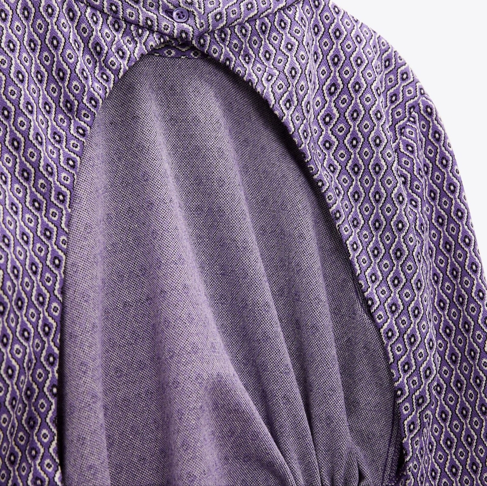 🌞ZARA Jaquard Long Sleeve Cut-out Open Back Mini Dress Purple Retro Geometric - Picture 8 of 14
